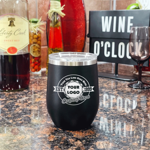Logo & Tag Line Stainless Wine Tumblers - Black - Double Sided - In Context