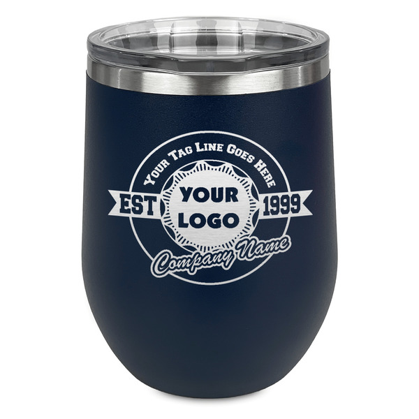 Custom Logo & Tag Line Stemless Stainless Steel Wine Tumbler - Navy - Double-Sided (Personalized)