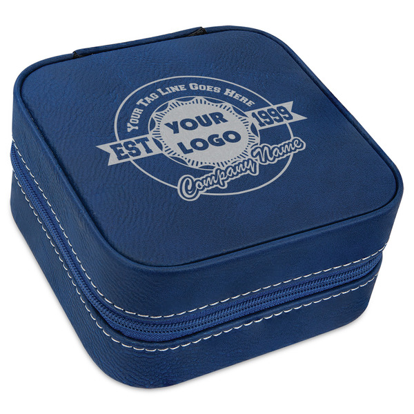 Custom Logo & Tag Line Travel Jewelry Box - Navy Blue Leather (Personalized)