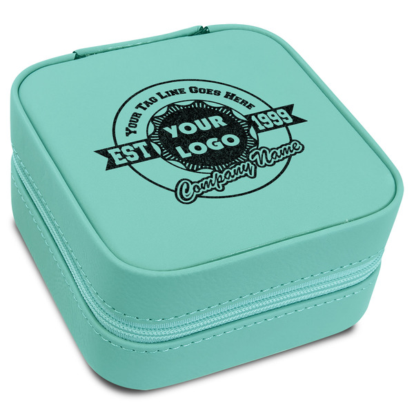 Custom Logo & Tag Line Travel Jewelry Box - Teal Leather (Personalized)