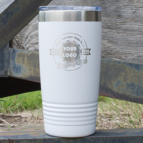 Custom Logo & Tag Line 20 oz Stainless Steel Tumbler - White - Double-Sided (Personalized)