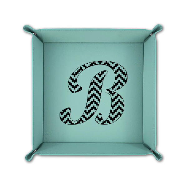 Pixelated Chevron 6" x 6" Teal Leatherette Snap Up Tray - FOLDED UP