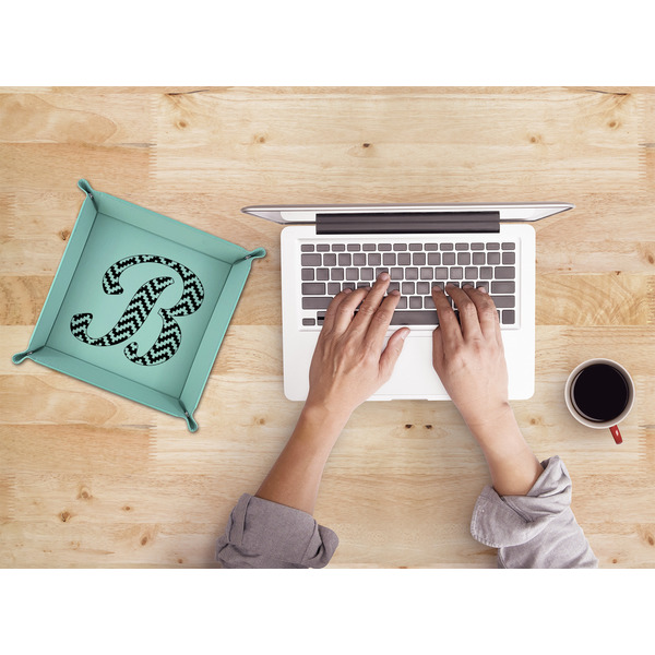 Pixelated Chevron 9" x 9" Teal Leatherette Snap Up Tray - LIFESTYLE
