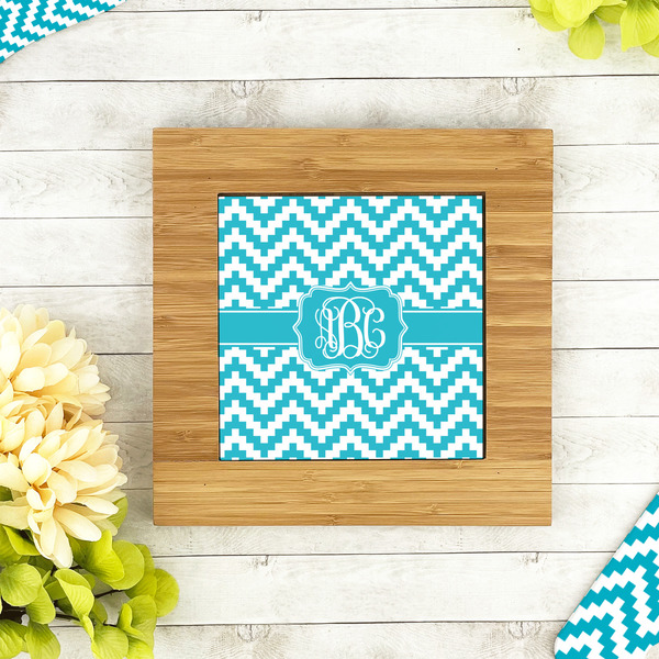 Pixelated Chevron Bamboo Trivet with 6" Tile - LIFESTYLE