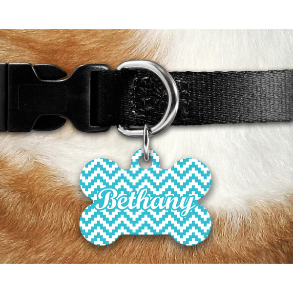 Pixelated Chevron Bone Shaped Dog Tag on Collar & Dog