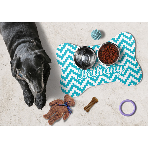 Pixelated Chevron Bone Shaped Mat w/ Food & Water
