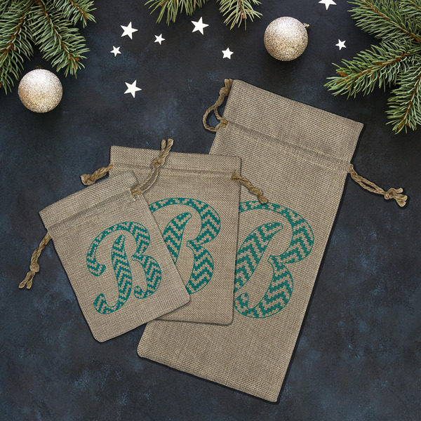 Pixelated Chevron Burlap Gift Bags - LIFESTYLE (Flat lay)