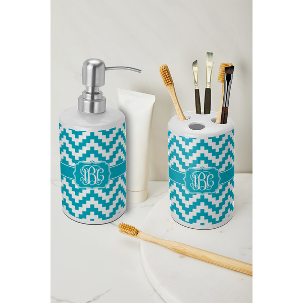Pixelated Chevron Ceramic Bathroom Accessories - LIFESTYLE (toothbrush holder & soap dispenser)