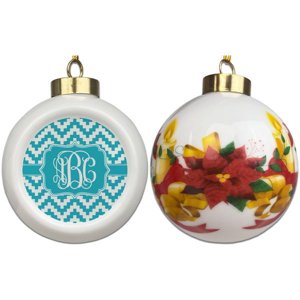 Pixelated Chevron Ceramic Christmas Ornament - Poinsettias (APPROVAL)