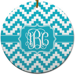 Pixelated Chevron Round Ceramic Ornament w/ Monogram