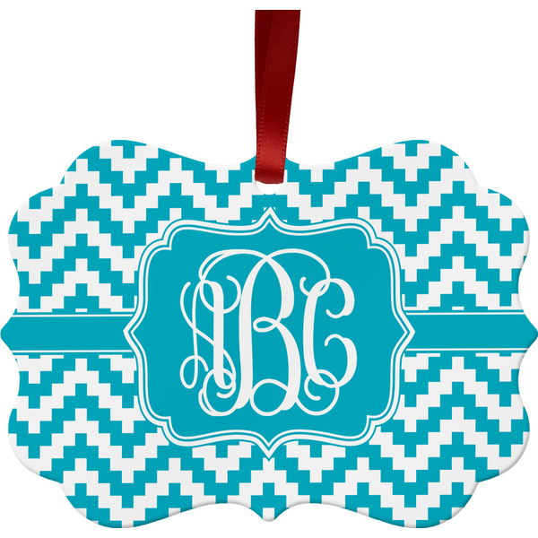 Custom Pixelated Chevron Metal Frame Ornament - Double Sided w/ Monogram
