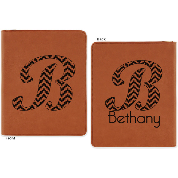 Pixelated Chevron Cognac Leatherette Zipper Portfolios with Notepad - Double Sided - Apvl