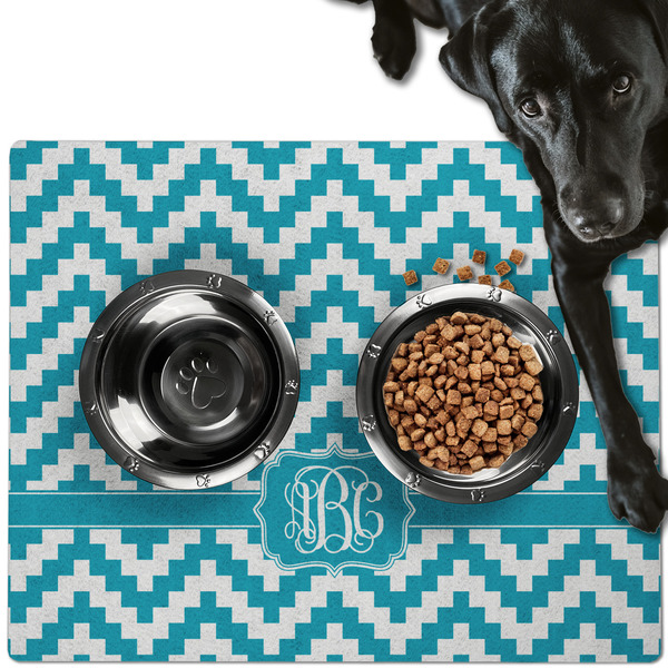 Custom Pixelated Chevron Dog Food Mat - Large w/ Monogram