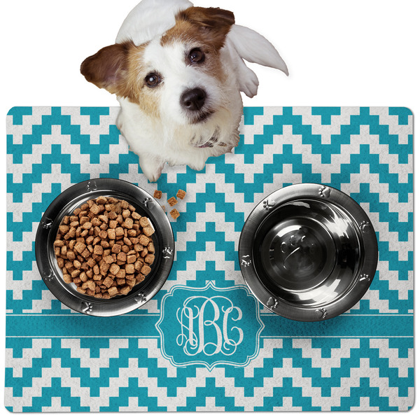 Custom Pixelated Chevron Dog Food Mat - Medium w/ Monogram