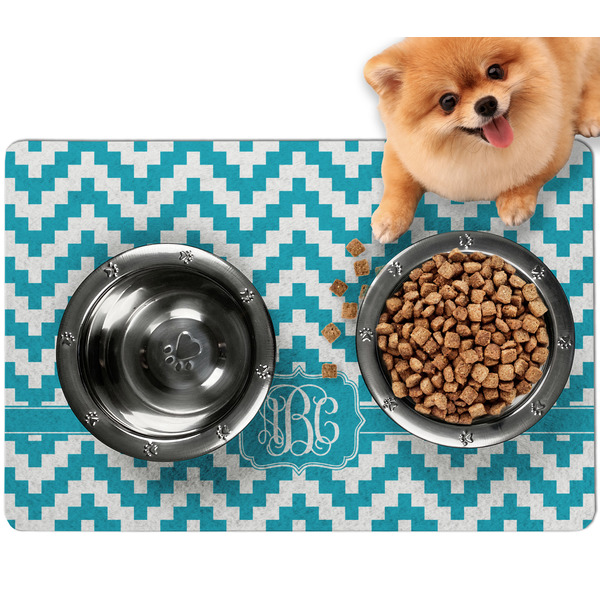 Custom Pixelated Chevron Dog Food Mat - Small w/ Monogram