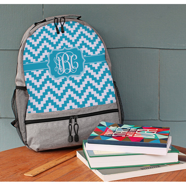 Pixelated Chevron Large Backpack - Gray - On Desk