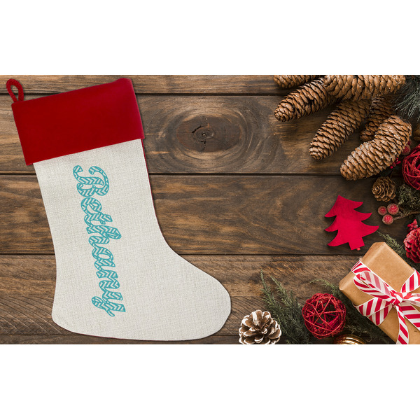 Pixelated Chevron Linen Stocking w/Red Cuff - Flat Lay (LIFESTYLE)