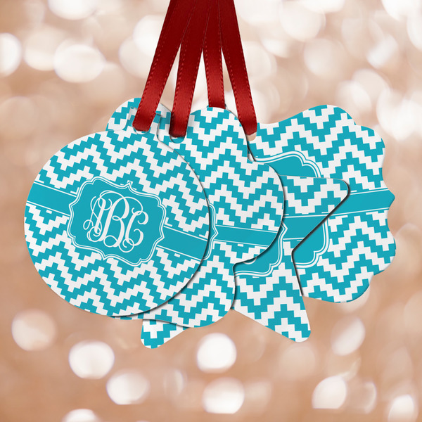 Custom Pixelated Chevron Metal Ornaments - Double Sided w/ Monogram