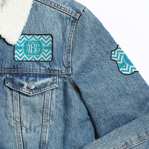 Pixelated Chevron Patches Lifestyle Jean Jacket Detail