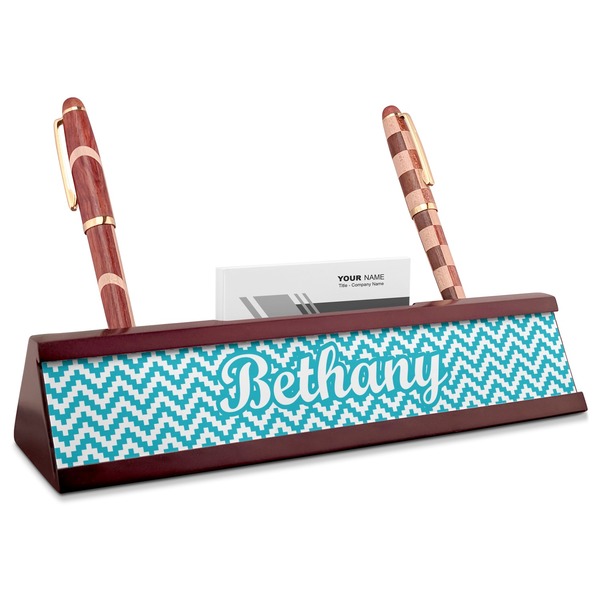 Custom Pixelated Chevron Red Mahogany Nameplate with Business Card Holder (Personalized)