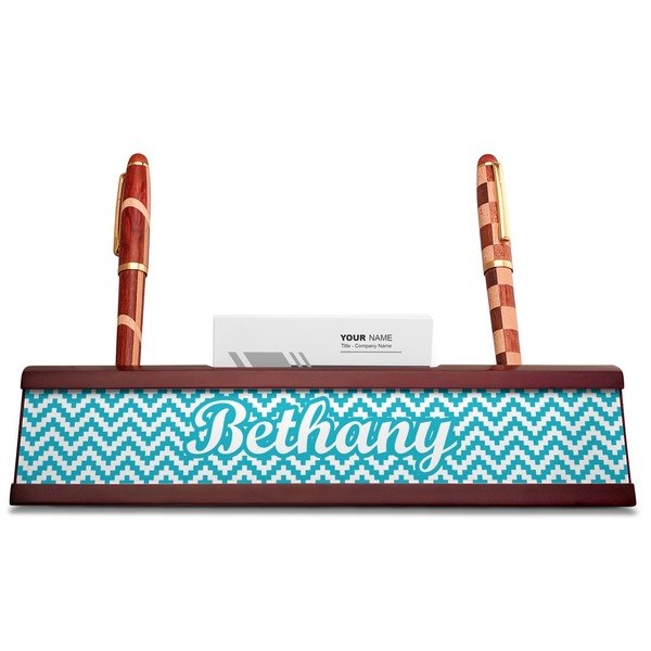 Pixelated Chevron Red Mahogany Nameplates with Business Card Holder - Straight