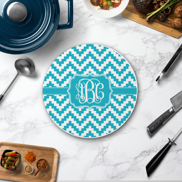 Pixelated Chevron Round Stone Trivet - In Context View