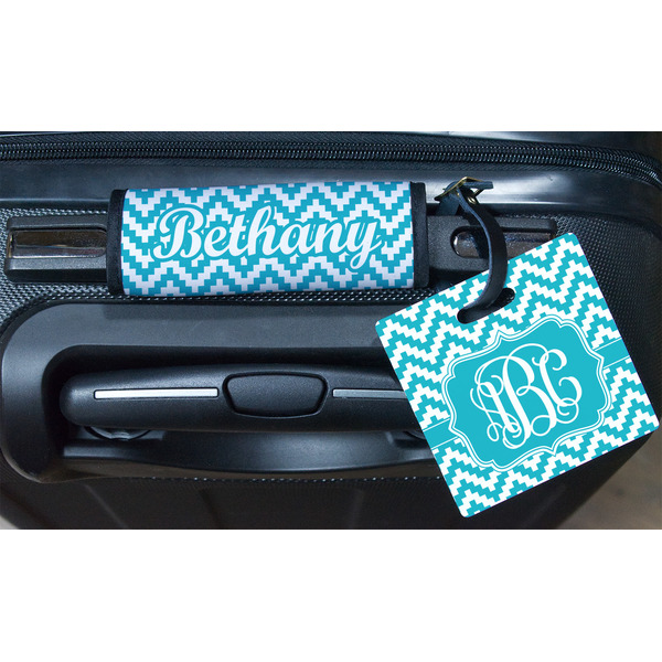 Pixelated Chevron Square Luggage Tag & Handle Wrap - In Context