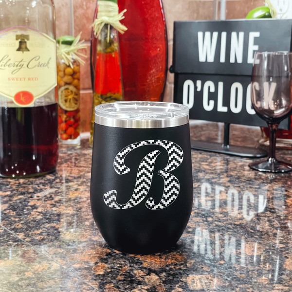 Pixelated Chevron Stainless Wine Tumblers - Black - Single Sided - In Context