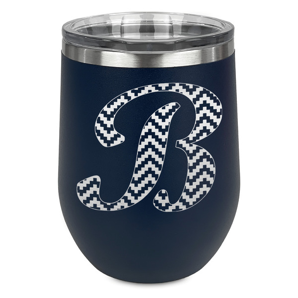 Custom Pixelated Chevron Stemless Stainless Steel Wine Tumbler - Navy - Double Sided (Personalized)