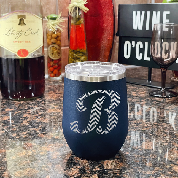 Pixelated Chevron Stainless Wine Tumblers - Navy - Single Sided - In Context