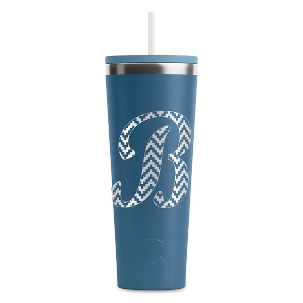 Custom Pixelated Chevron RTIC Everyday Tumbler with Straw - 28oz - Steel Blue - Double-Sided (Personalized)