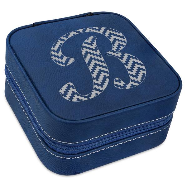 Custom Pixelated Chevron Travel Jewelry Box - Navy Blue Leather (Personalized)