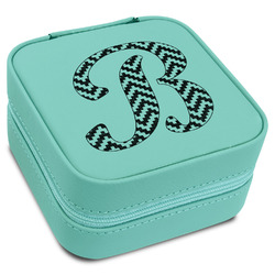 Pixelated Chevron Travel Jewelry Box - Teal Leather (Personalized)