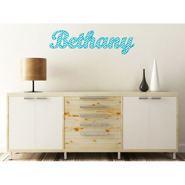 Pixelated Chevron Wall Name Decal On Wooden Desk