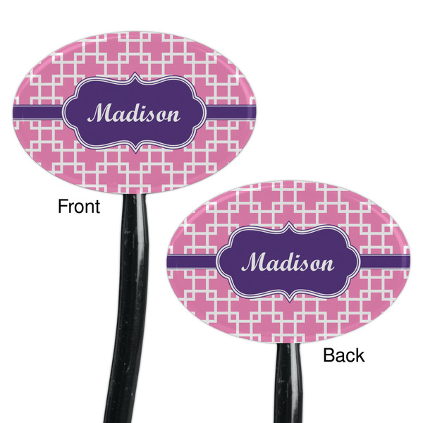 Linked Squares Black Plastic 7" Stir Stick - Double Sided - Oval - Front & Back