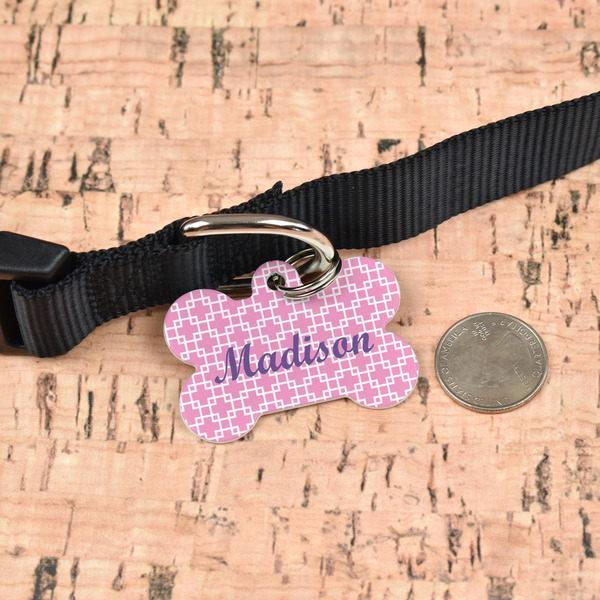 Linked Squares Bone Shaped Dog ID Tag - Large - In Context