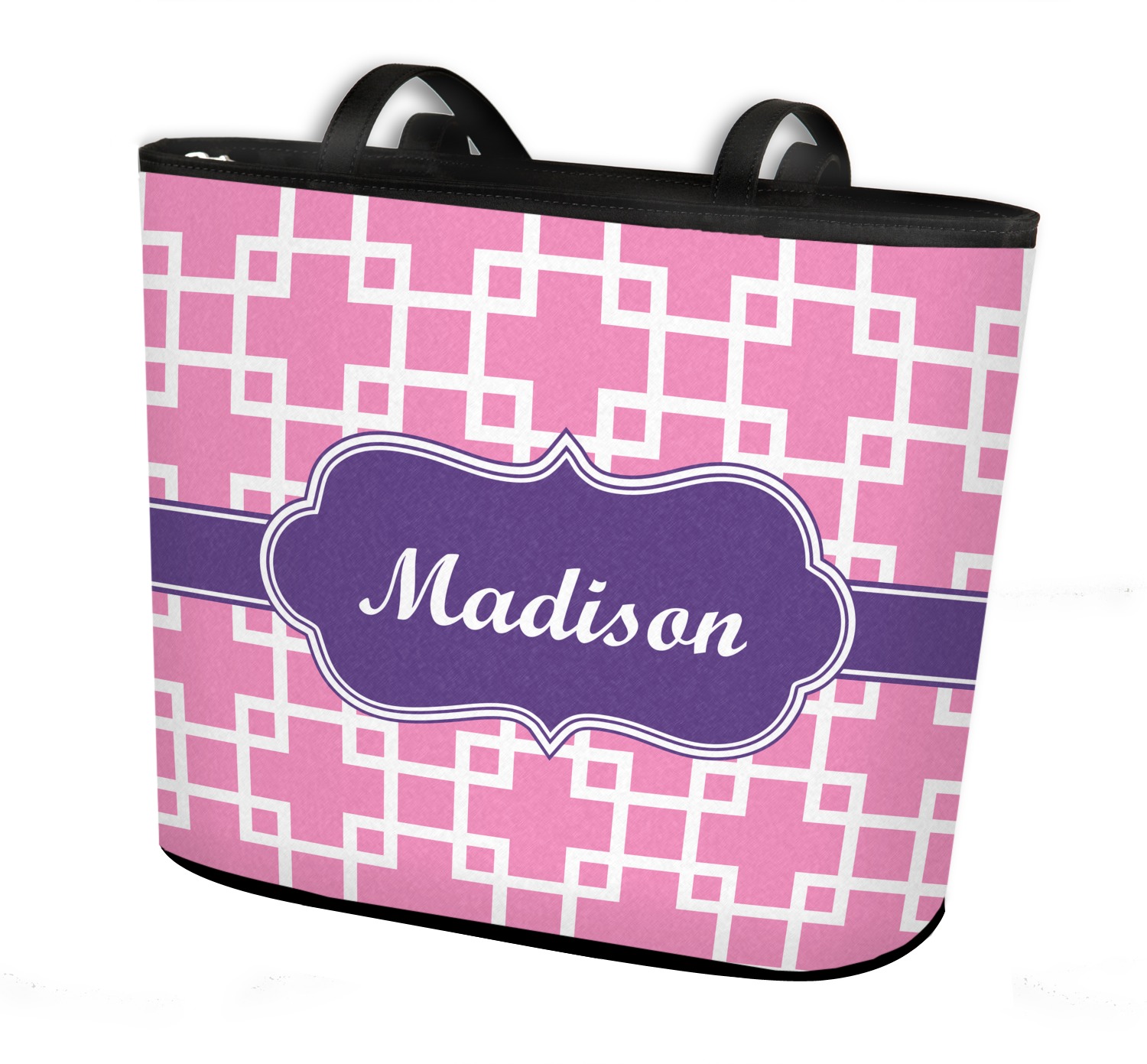 Personalized Linked Squares Bucket Tote w/Genuine Leather Trim Large w/Front & Back Design