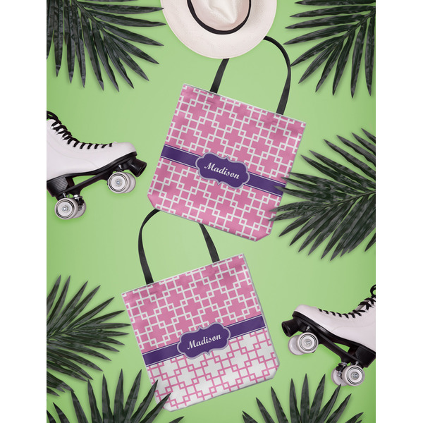 Linked Squares Canvas Tote Lifestyle Front and Back- 13x13