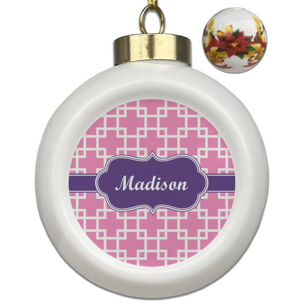 Custom Linked Squares Ceramic Ball Ornaments - Poinsettia Garland (Personalized)