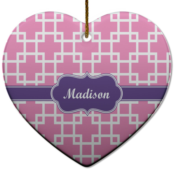 Custom Linked Squares Heart Ceramic Ornament w/ Name or Text