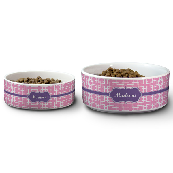 Linked Squares Ceramic Dog Bowls - Size Comparison