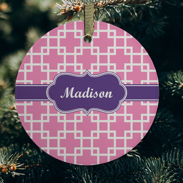 Linked Squares Frosted Glass Ornament - Round (Lifestyle)