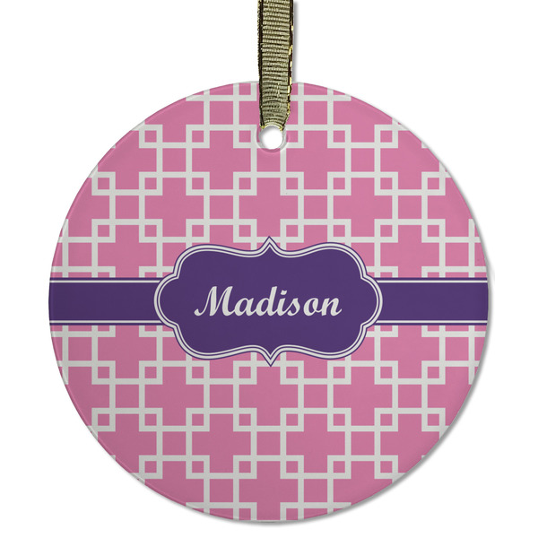 Custom Linked Squares Flat Glass Ornament - Round w/ Name or Text