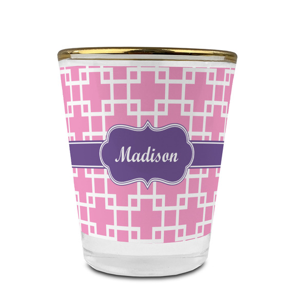 Linked Squares Glass Shot Glass - With gold rim - FRONT