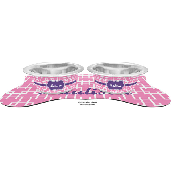 Linked Squares Metal Pet Bowls - On Dog Bone Shaped Mat