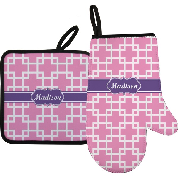 Custom Linked Squares Right Oven Mitt & Pot Holder Set w/ Name or Text