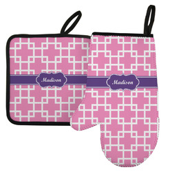 Linked Squares Left Oven Mitt & Pot Holder Set w/ Name or Text