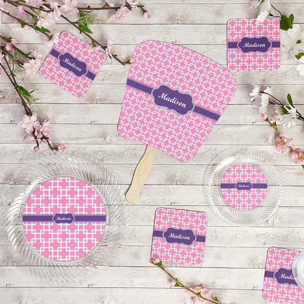 Linked Squares Party Supplies Combination Image - All items - Plates, Coasters, Fans