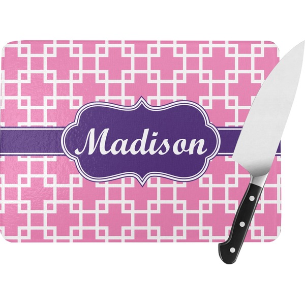 Custom Linked Squares Rectangular Glass Cutting Board - Large - 15.25"x11.25" w/ Name or Text