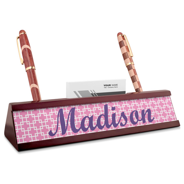 Custom Linked Squares Red Mahogany Nameplate with Business Card Holder (Personalized)